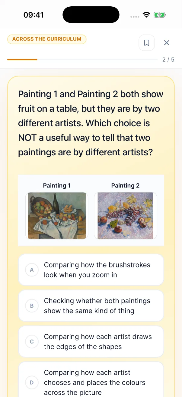 An Art and Design question in the iPhone app: two paintings of fruit on a table, by different artists, and which choice is not a useful way to tell them apart.