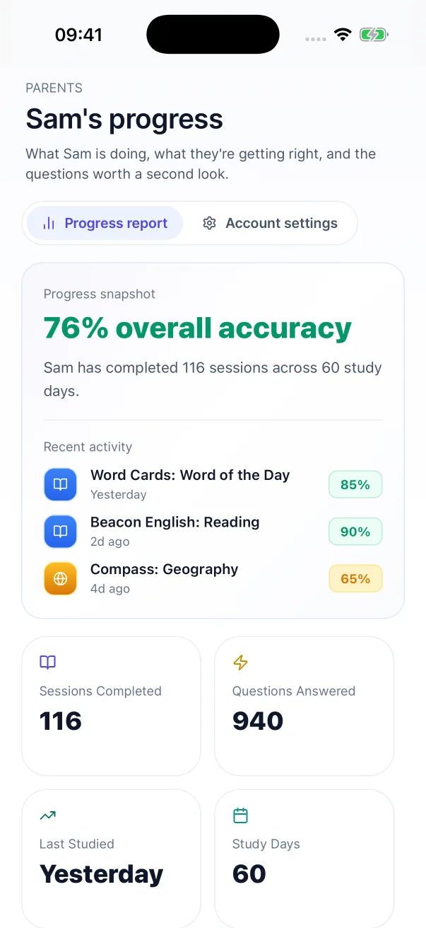 The parent view in the iPhone app: overall accuracy, recent activity, sessions completed and study days.