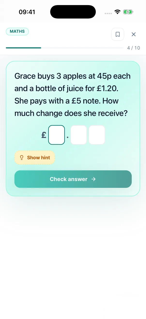 A written-answer Maths question in the iPhone app: how much change from a £5 note, with a box for each digit of the answer in pounds and pence.