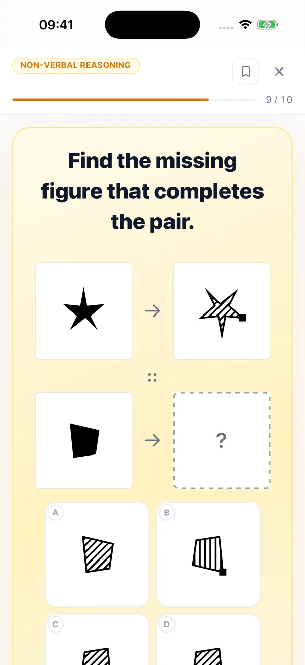 A Non-Verbal Reasoning question in the iPhone app: find the missing figure that completes the pair, with the figures to choose from.