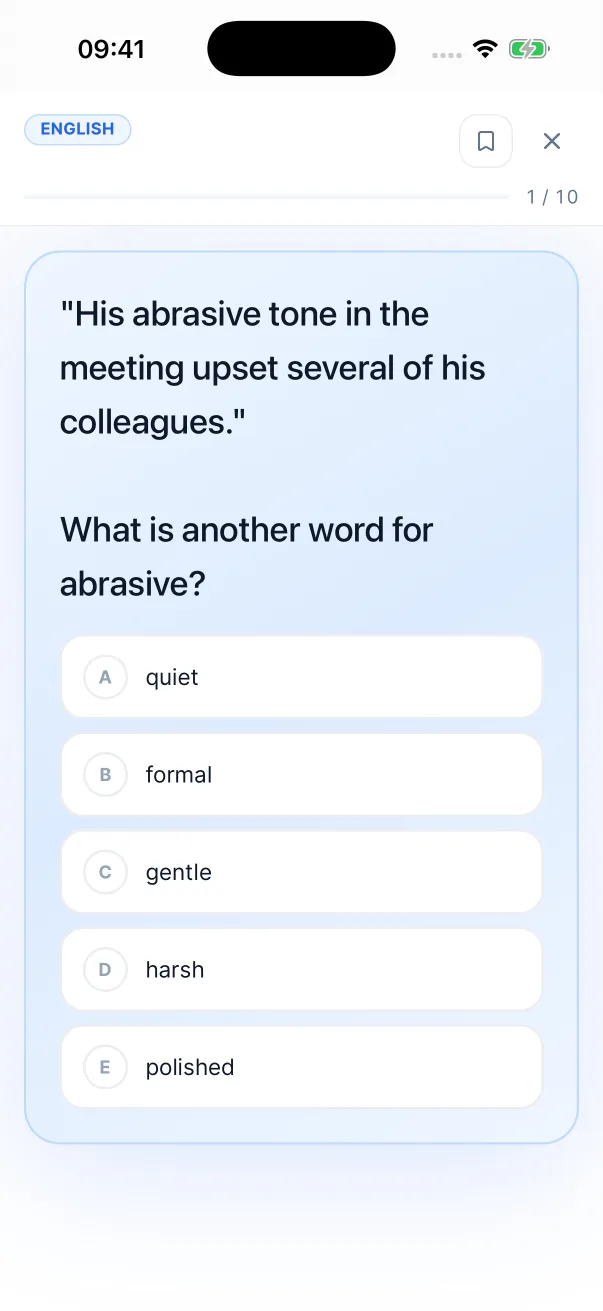 A question in the iPhone app: what is another word for abrasive, with five options.
