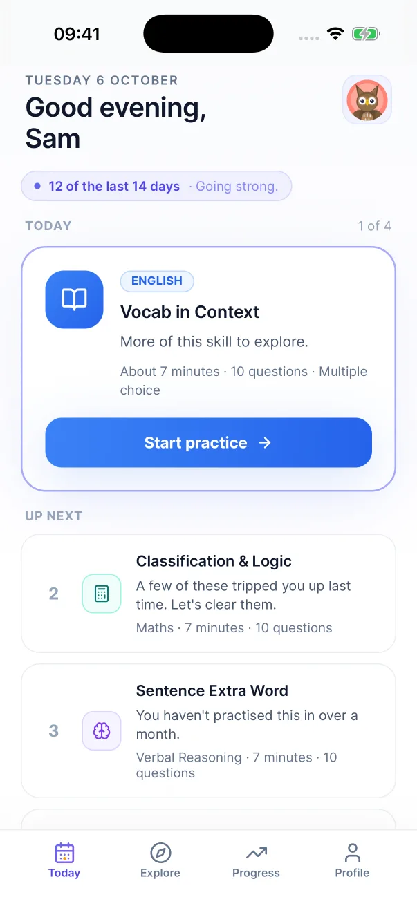 The Today screen in the iPhone app: today's English session already chosen, with Maths and Verbal Reasoning up next.